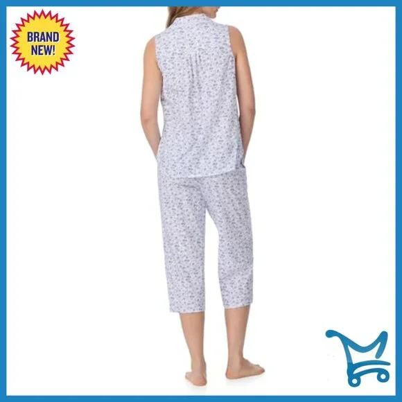 Large 100% Cotton Sleeveless Pajama Set with Capri Pants and Pocket